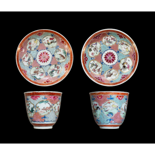 Pair of Chinese Porcelain famille rose Beakers and Saucers